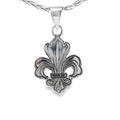 photo of a silver fleur de lis pendant and chain on a white background