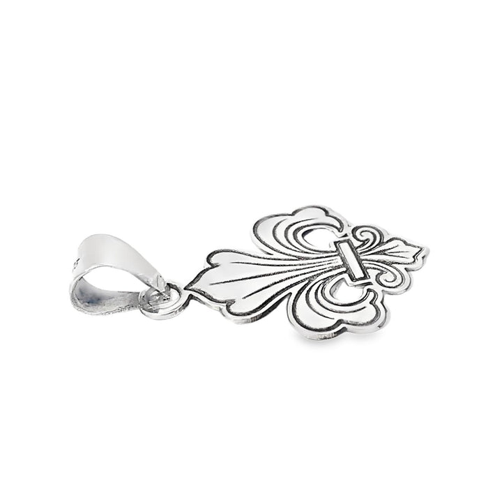 photo of a silver fleur de lis pendant and chain on a white background