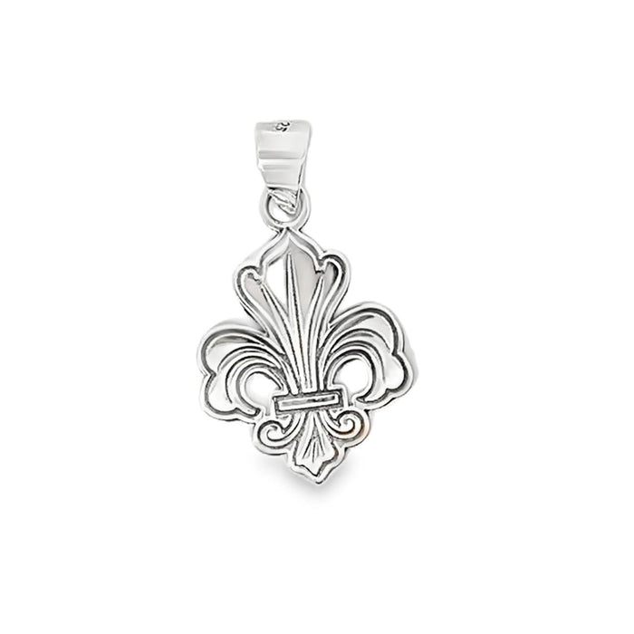 photo of a silver fleur de lis pendant and chain on a white background