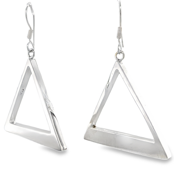 Photo of a silver pair of earrings on a white back ground front view