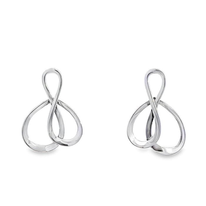 photo of a pair of silver loopy stud earrings on a white background