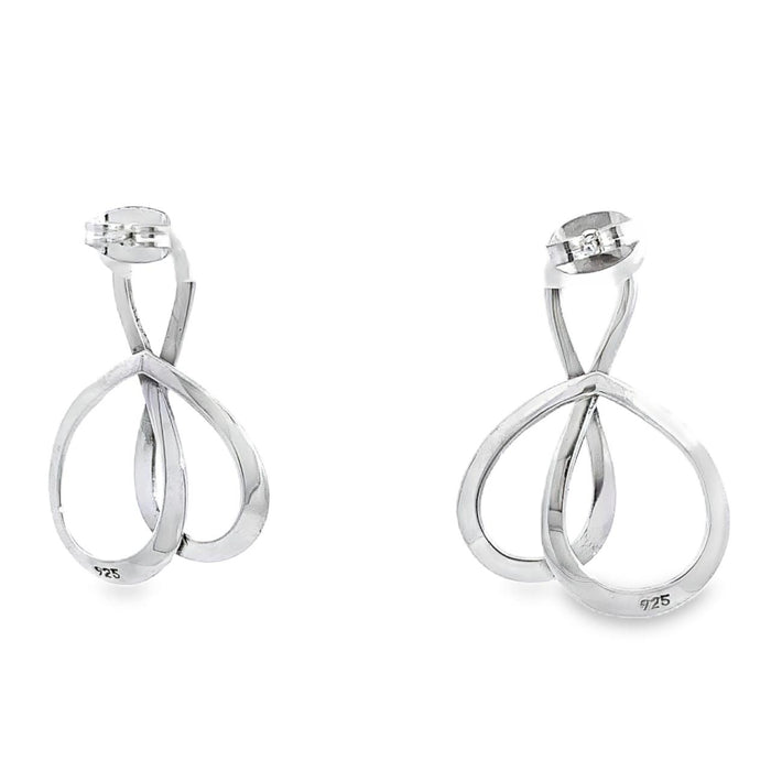 photo of a pair of silver loopy stud earrings on a white background rear view