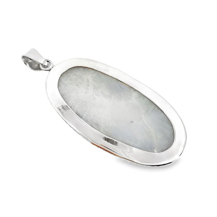 photo of a long oval silver white moonstone pendant on a white background rear view