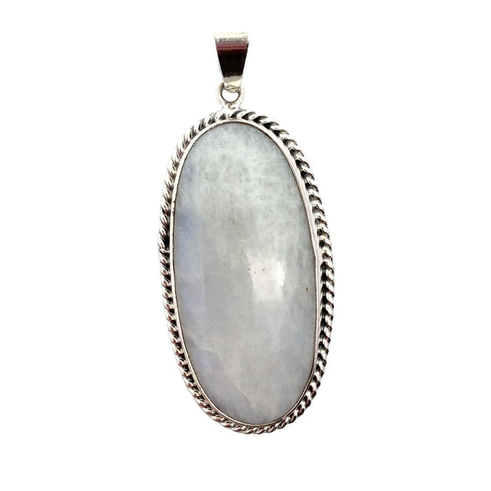 photo of a long oval silver white moonstone pendant on a white background front view