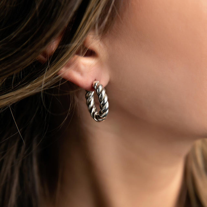 Handcrafted Taxco Silver Rope Hoop Earrings - 1 Inch Diameter, Post & Clutch