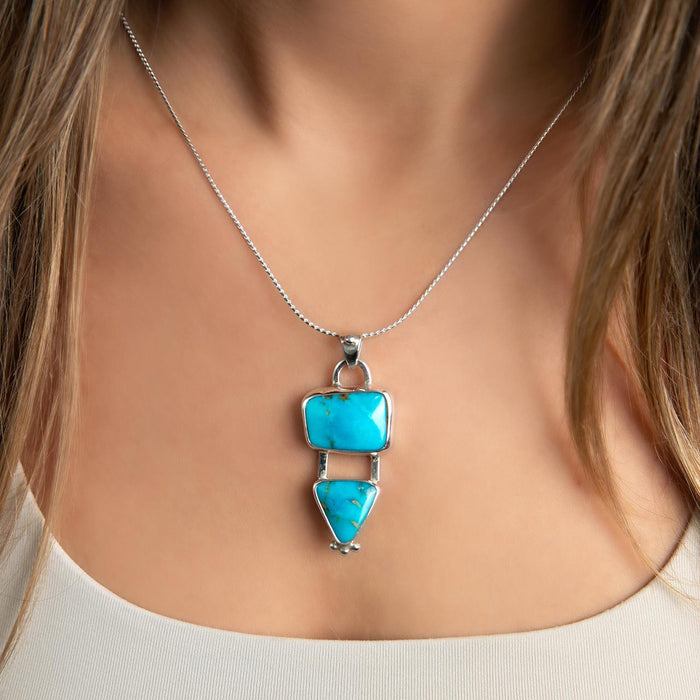 Handcrafted Taxco Turquoise Pendant with Bezel Set Square & Triangle Stones - 43 x 22mm