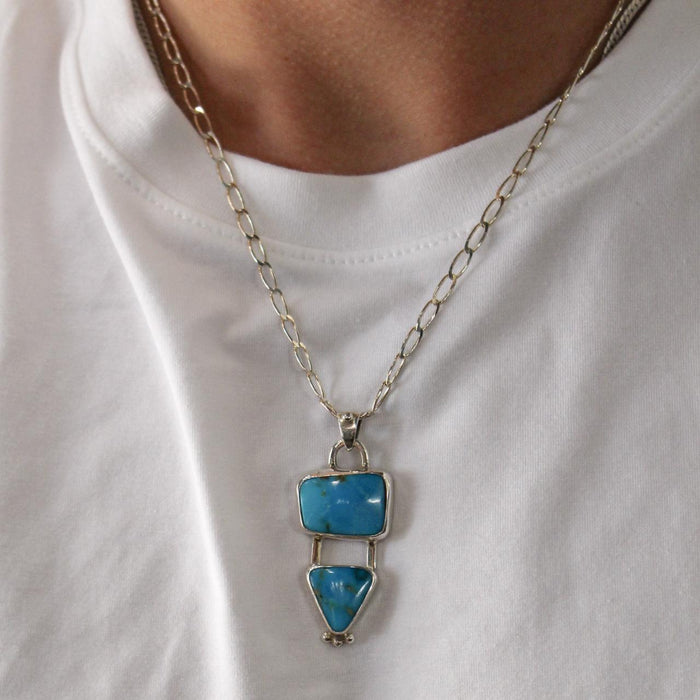 Handcrafted Taxco Turquoise Pendant with Bezel Set Square & Triangle Stones - 43 x 22mm
