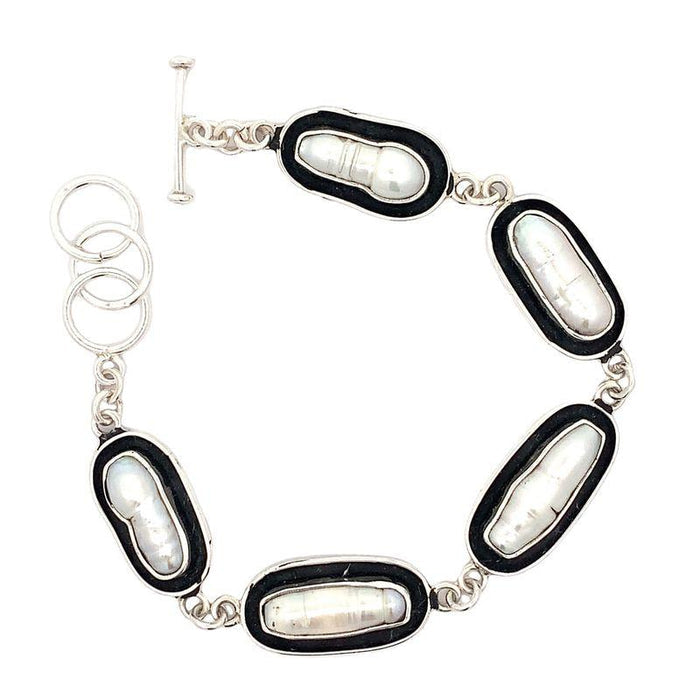 Handmade Silver Link Bracelet with 5 White Pearls - Oxidized Black Oval Links - Fits 7-8 Inch