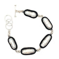 Handmade Silver Link Bracelet with 5 White Pearls - Oxidized Black Oval Links - Fits 7-8 Inch