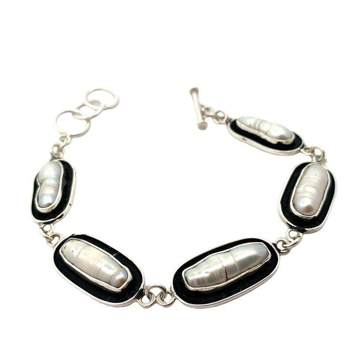 Handmade Silver Link Bracelet with 5 White Pearls - Oxidized Black Oval Links - Fits 7-8 Inch