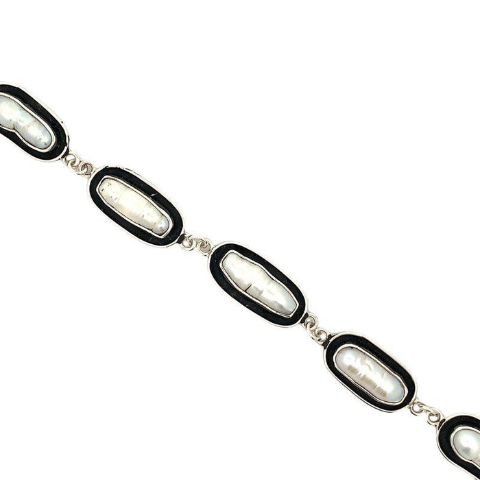 Handmade Silver Link Bracelet with 5 White Pearls - Oxidized Black Oval Links - Fits 7-8 Inch
