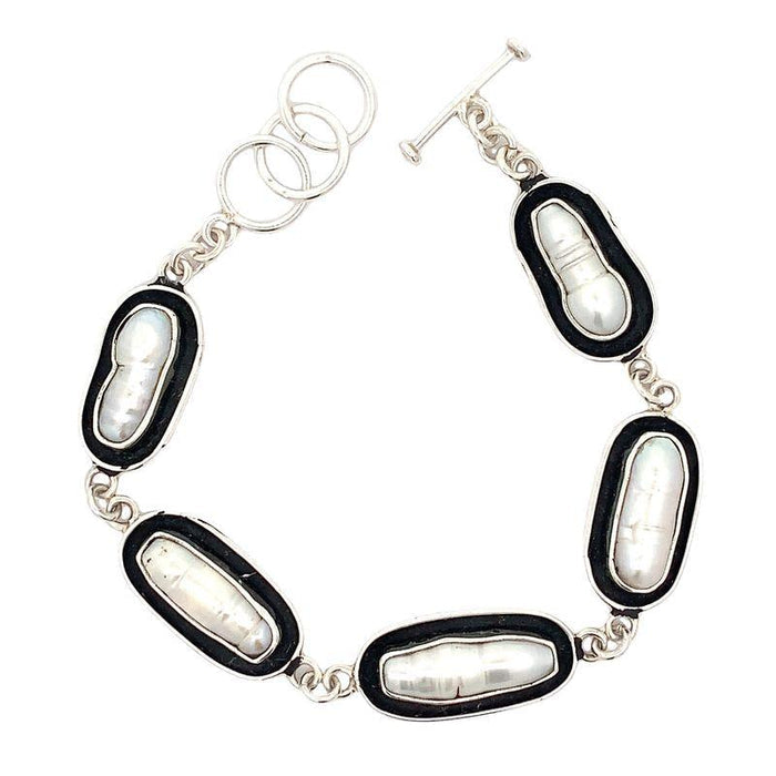 Handmade Silver Link Bracelet with 5 White Pearls - Oxidized Black Oval Links - Fits 7-8 Inch