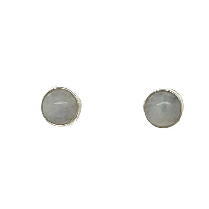 a round white moonstone stud earring on a white background