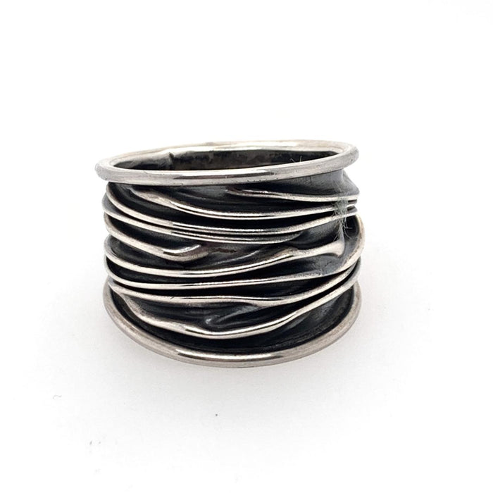 Handmade Sterling Silver Wave Band - Polished & Oxidized 17mm Wide