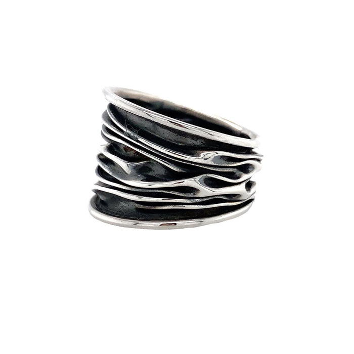 Handmade Sterling Silver Wave Band - Polished & Oxidized 17mm Wide