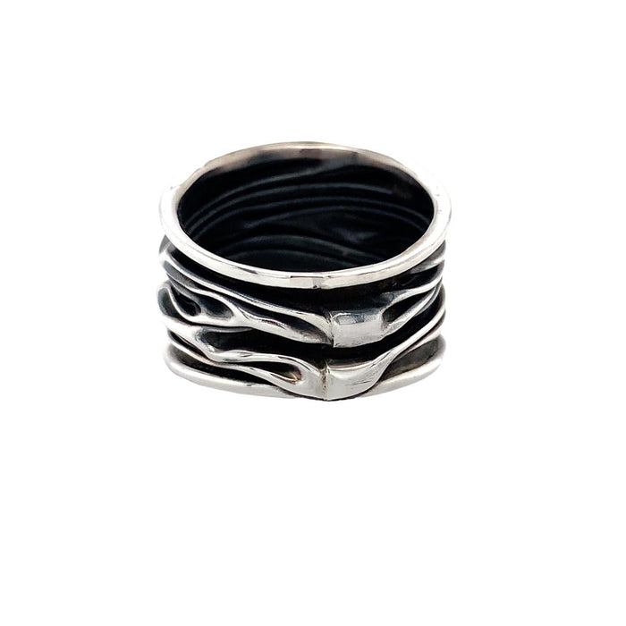 Handmade Sterling Silver Wave Band - Polished & Oxidized 17mm Wide