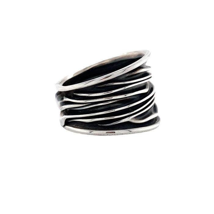 Handmade Sterling Silver Wave Band - Polished & Oxidized 17mm Wide
