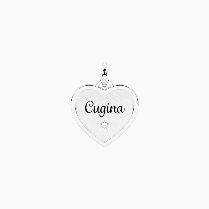 Ciondolo cuore con scritta Cugina e cristallo
