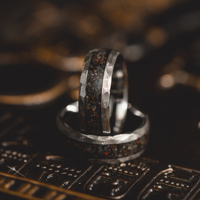 "HellCreek Ember"  Dinosaur Bone x Hammered Tungsten Carbide- Silver