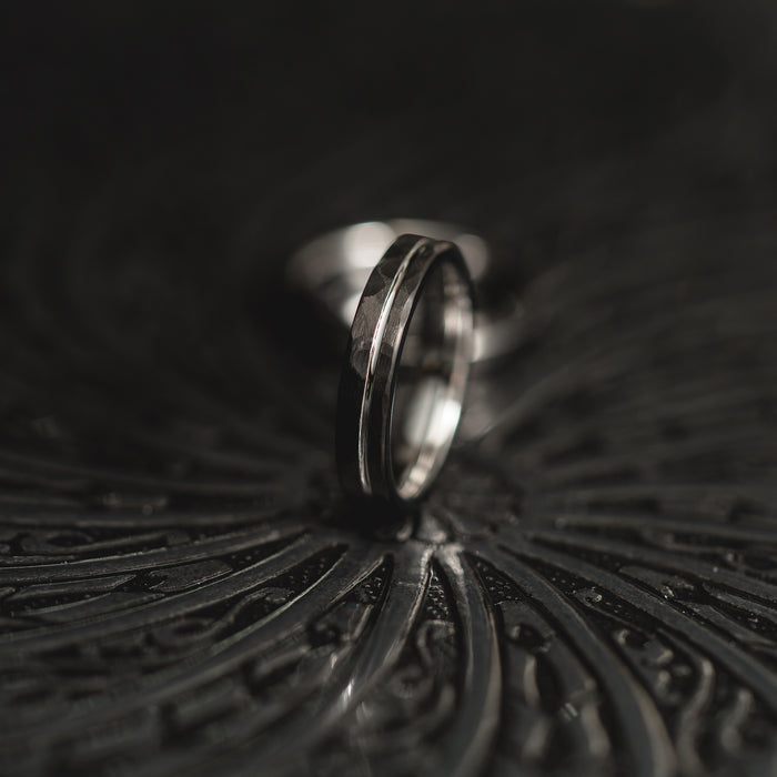 "Hex Forge" Hammered Tungsten Carbide- 4mm Womens- Black x Silver