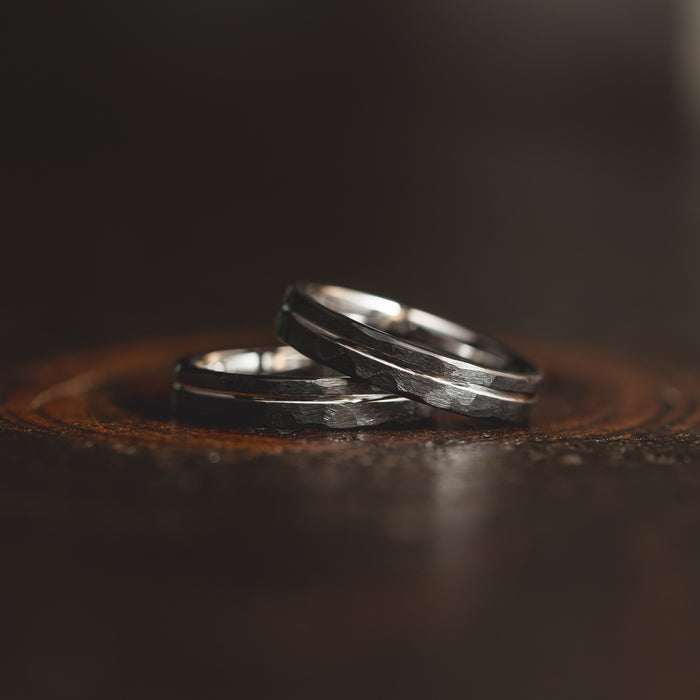 "Hex Forge" Hammered Tungsten Carbide- 4mm Womens- Black x Silver