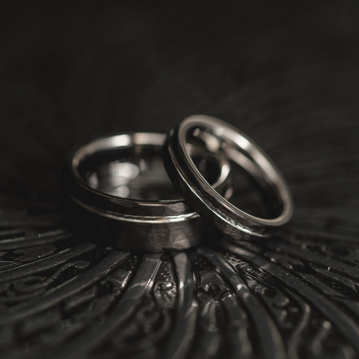 "Hex Forge" Hammered Tungsten Carbide- 4mm Womens- Black x Silver