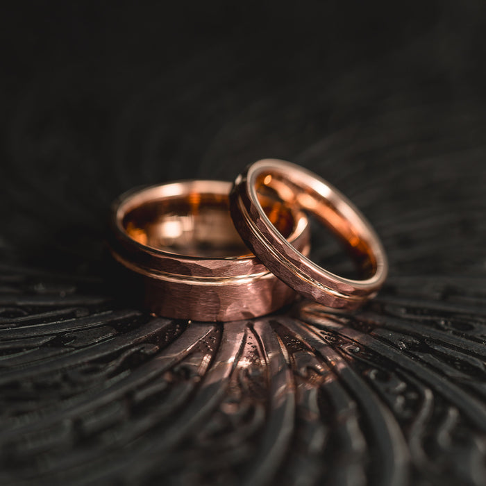 "Hex Forge" Hammered Tungsten Carbide- 4mm Womens- Coffee x Rose Gold