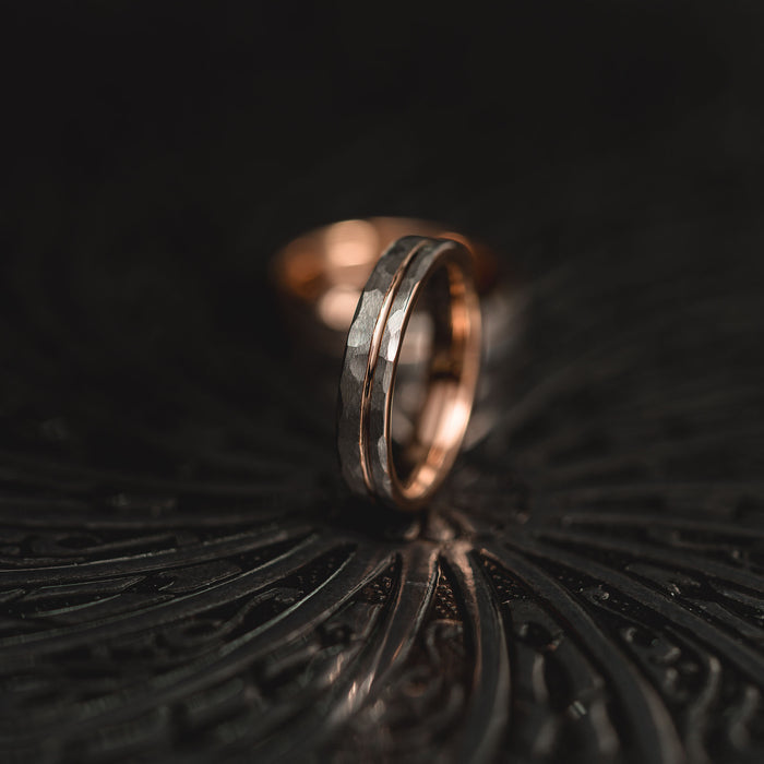 "Hex Forge" Hammered Tungsten Carbide- 4mm Womens- Silver x Rose Gold