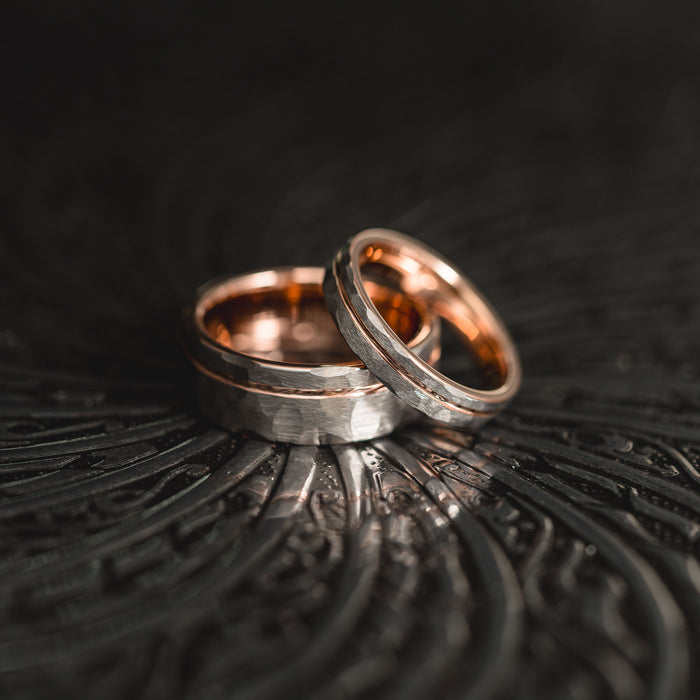 "Hex Forge" Hammered Tungsten Carbide- 8mm- Silver x Rose Gold