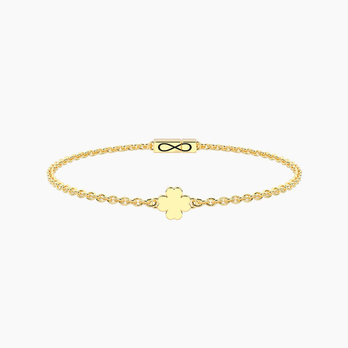 Bracciale Infinity in acciaio dorato con quadrifoglio