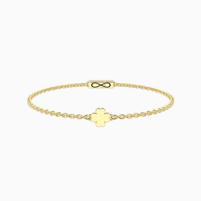 Bracciale Infinity in acciaio dorato con quadrifoglio
