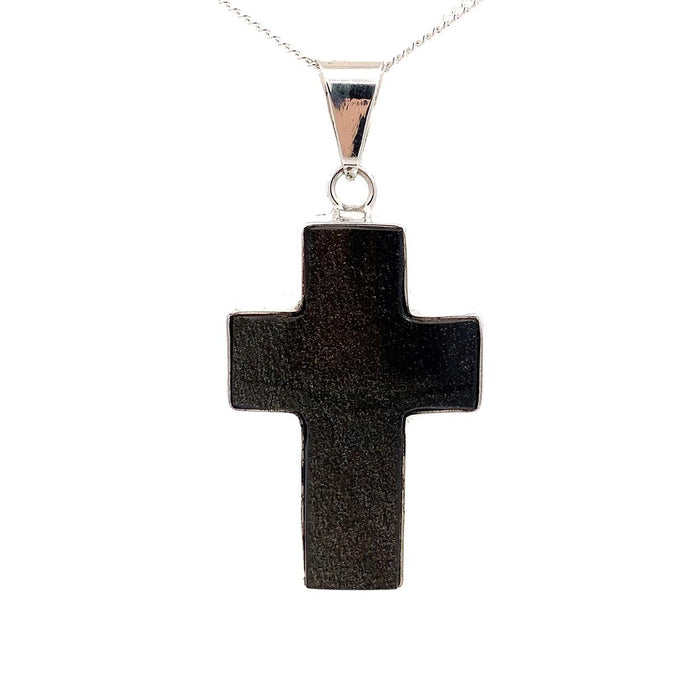 Taxco sterling silver cross pendant with solid black obsidian inlay and plain bail