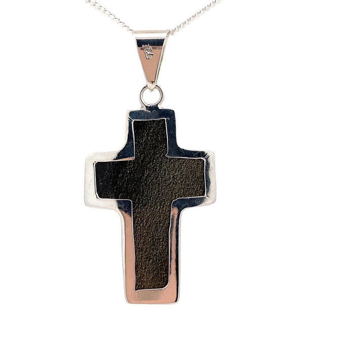 Taxco sterling silver cross pendant with solid black obsidian inlay and plain bail rear view