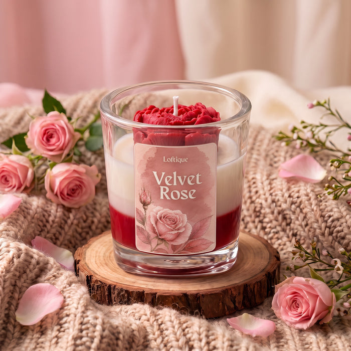 Romantic, warm, and softly floral, Velvet Rose is a rose-inspired scented candle designed to make everyday spaces feel calmer and more intimate. Made with beeswax and finished with a decorative rose-shaped wax detail, it brings together a soft floral aesthetic with a cozy candlelit atmosphere that works beautifully in bedrooms, vanity corners, reading spaces, and gift setups.