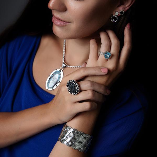 Organic Sterling Silver  Ring- Manuel Figueroa's Black Tourmaline Ring on white background on model