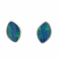 photo of a pair of silver marquise shaped blue-green opal earrings on a white background