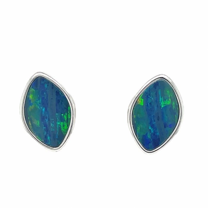 photo of a pair of silver marquise shaped blue-green opal earrings on a white background
