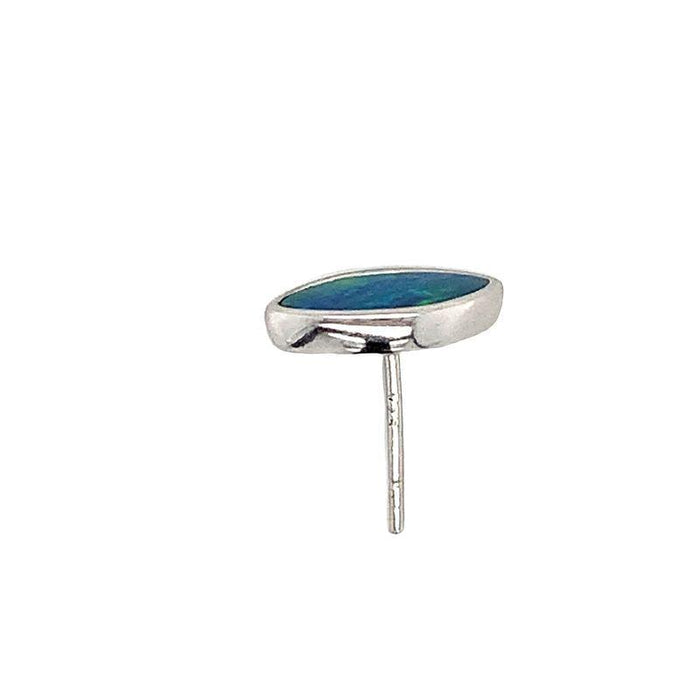 photo of a single silver marquise shaped stud earring with blue-green hues on a white background side view