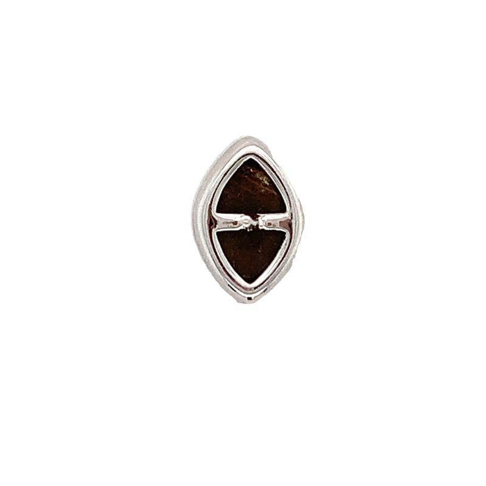 photo of a single silver marquise shaped stud earring with blue-green hues on a white background rear view