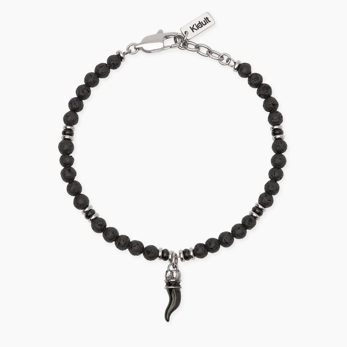 Bracciale uomo in acciaio con pietra lavica e cornetto