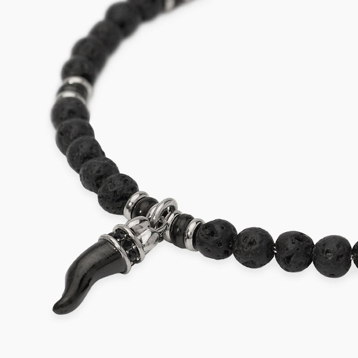 Bracciale uomo in acciaio con pietra lavica e cornetto