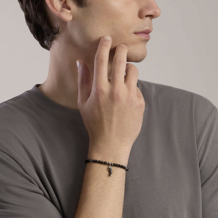 Bracciale uomo in acciaio con pietra lavica e cornetto