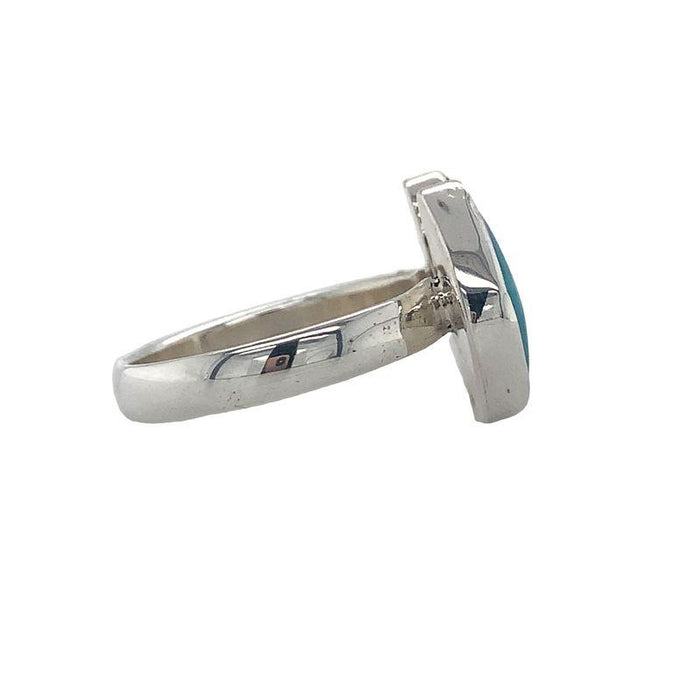 Sterling Silver Ring- Artisan Double Triangle Turquoise Bezeled Ring side view on white background