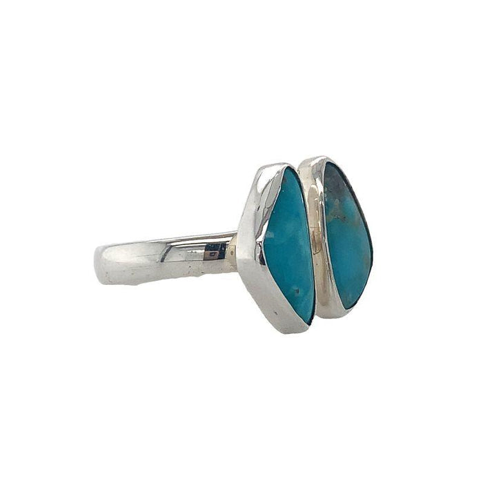 Sterling Silver Ring- Artisan Double Triangle Turquoise Bezeled Ring white background on side view