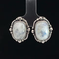 photo of a pair of sterling silver white moonstone earrings on a black background