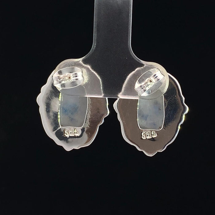photo of a pair of silver white moonstone earrings on a black background rear view
