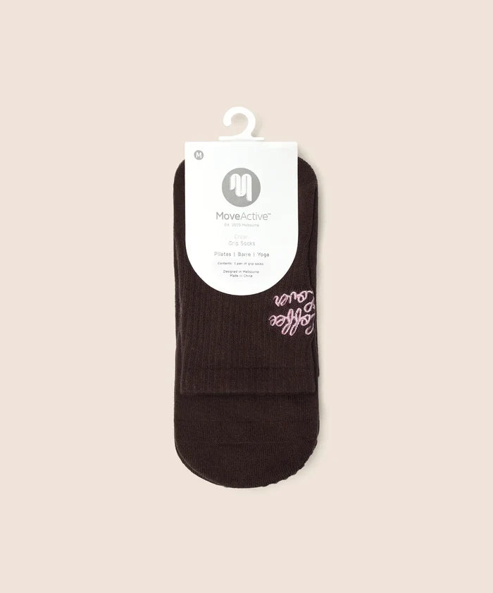 [MoveActive] Crew Non Slip Grip Socks - Coffee Lover