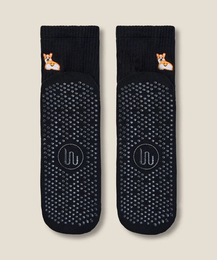 [MoveActive] Crew Non Slip Grip Socks - Corgi Black
