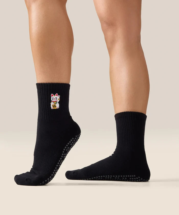 [MoveActive] Crew Non Slip Grip Socks - Fortune Kitty Black