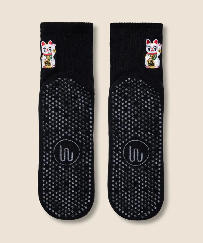 [MoveActive] Crew Non Slip Grip Socks - Fortune Kitty Black